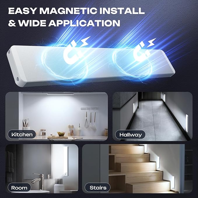 LUMIJOLI 2 Pack Under Cabinet Lighting Wireless 14inch LED Motion Sensor Magnetic Light 2500maAh Rechargeable Indoor Closet Lights for Kitchen, Stairs Cool White