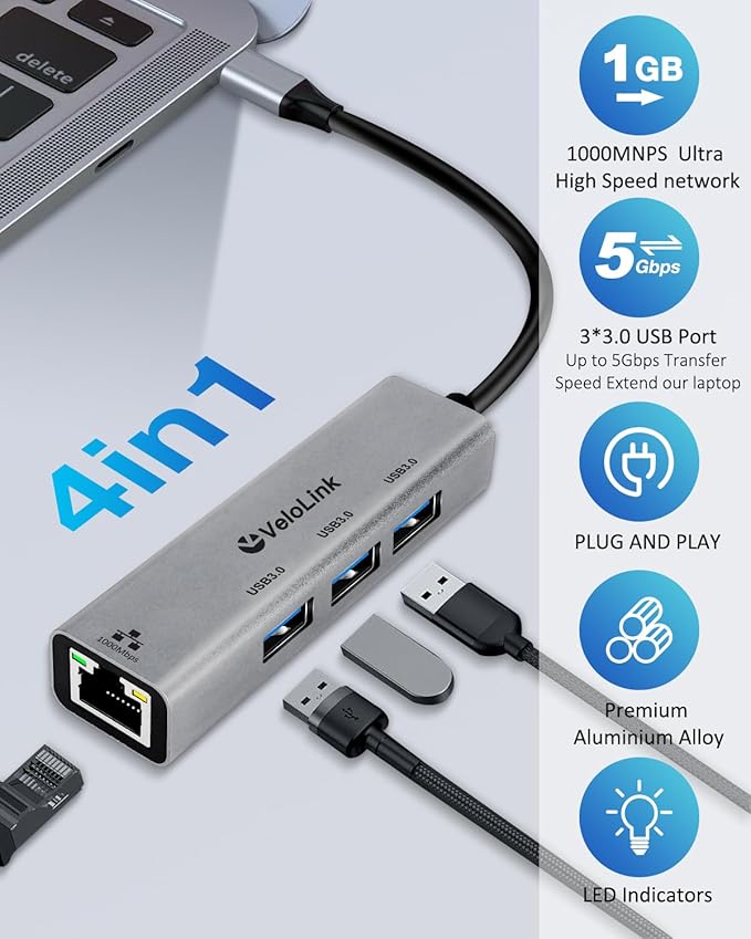 USB ethernet Adapter, USB 3.0 hub with rj45,4-in-1 3.0 Hub with Gigabit Ethernet Adapter, Gigabit Ethernet to USB Adapter for Laptop,PC, MacBook Pro, iPad Pro,and More Type A Laptops