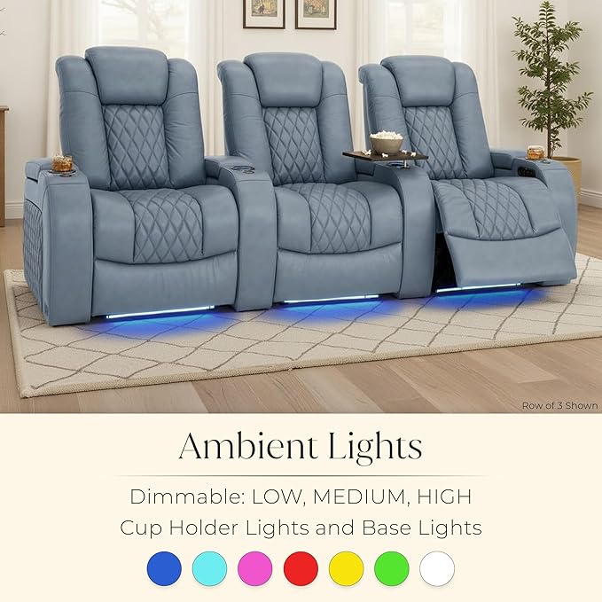 Seatcraft Diamante Zero-Gravity CoolZero Italian Leather Home Theater Seating, Power Headrest, Power Recline, Row of 5 Middle Sofa, Smokey Blue