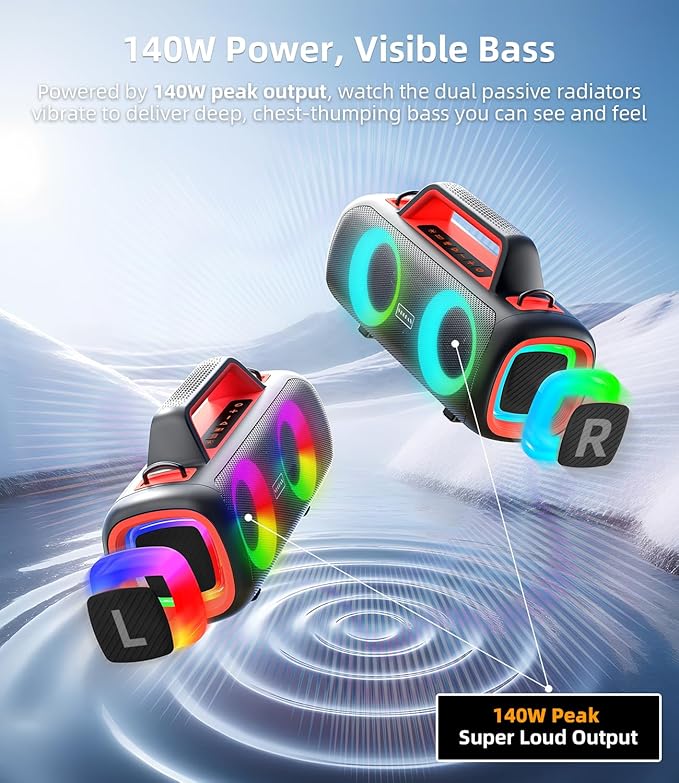Portable Bluetooth Speaker Wireless,140W Peak Loud Sound with 2 Subwoofers and 2 Tweeters, Plus Bass Boost, IP65 Waterproof Outdoor Speaker, 24H Playtime, RGB Lights, TF/AUX/USB/Mic Input, Large Party