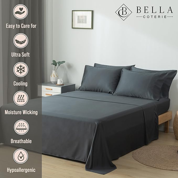 Bella Coterie 6 Piece Luxury Bamboo Viscose Queen Size Sheet Set | 100% Organically Grown | Cooling for Hot Sleepers | 18" Deep Pocket | Soft & Hypoallergenic | 4 Pillowcases [Charcoal Grey]