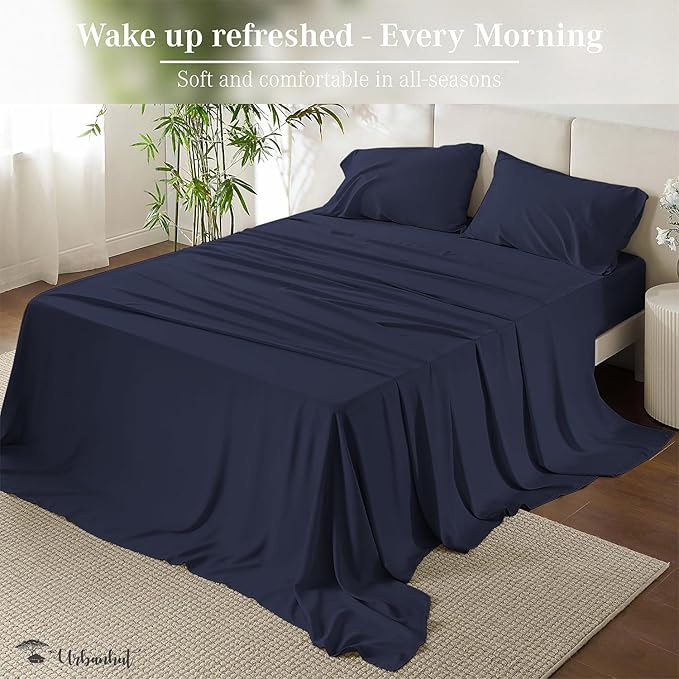 URBANHUT 800 Thread Count 100% Cotton King Size Sheets, Luxury 4 Piece King Bedsheets, Hotel Sheets Sateen Finish - Better Than Egyptian, 16" Elasticized Deep Pocket - Navy Blue
