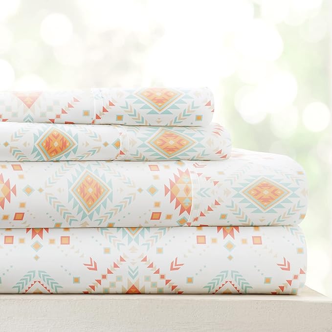 Linen Market Patterned Microfiber Queen Sheet Set 4 Piece – Oeko-TEX Certified Ultra Soft & Wrinkle-Free - 16" Deep Pocket Sheets - Easy Care Queen Size - Aztec Dreams Coral