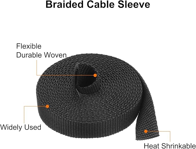 MECCANIXITY Braided Cable Sleeves Heat Shrinkable Fabric Sleeving, 5/16" 16ft Black 2:1 Ratio Heat Shrinkable Cord Protector for Harness Cable, Network Cable Protection, Cable Management