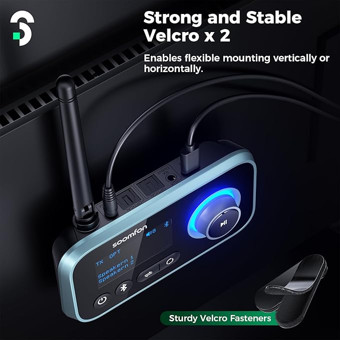 SOOMFON Bluetooth Transmitter for TV 3-in-1 Bluetooth 5.0 Transmitter Receiver for TV to 2 Headphones with LCD Display Adjustable Volume, Optical AUX RCA Bypass for Home Stereo Speaker