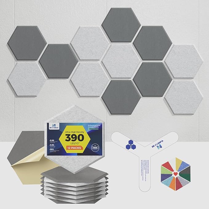 Self-Adhesive Acoustic Panels [390 lbs/yd³ Ultra-High Density], 2nd Generation Sound Absorbing Panel, Professional Level Sound Panel, Polyester Soundproof Foam [Size L, MoonGrey & SilverGrey]