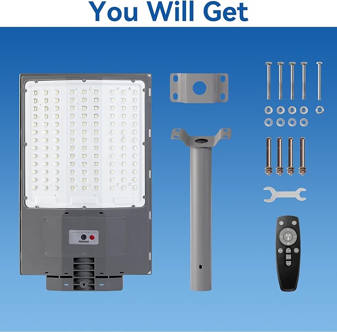 7500W Solar Street Lights Outdoor, 450000LM 7000K Solar Parking Lot Lights Dusk to Dawn 30000mAh IP67 Waterproof Pole Security Flood Lamps with Motion Sensor and Remote for Yard, Garage, Driveway