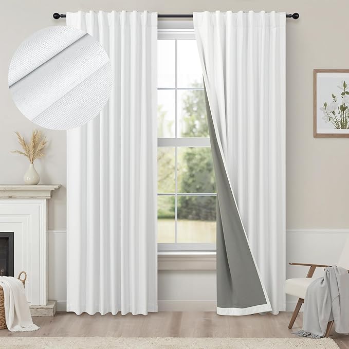 Black Out Curtains 63 Inch Long Small White Blackout Energy Saving Dining Room Darkening Curtain for Nursery Office Shabby Chic Faux Linen Kids Bedroom Curtains 63 Inch Length 2 Panels Back Tab Pocket