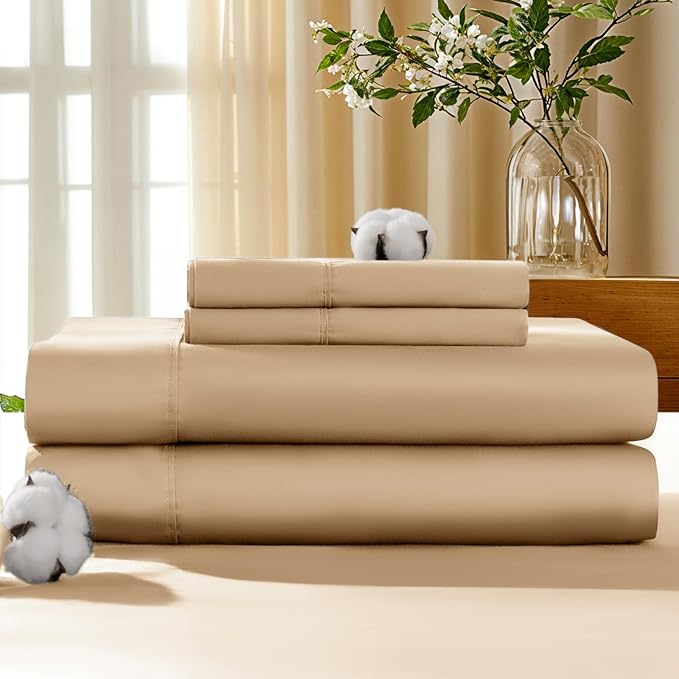 LBRO2M 100% Cotton Sheets Set Deep Pocket 19", 1000 Thread Count Full Size 4 Piece Bed Sheet Sets Soft Comfortable Bedding All Season (Full, Cream)