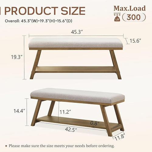45" Entryway Bench Upholstered Storage Bench for Bedroom Shoe Rack Bench for Living Room, Hallway, Mudroom, Balcony, Sturdy Indoor Bench Seat Holds Up to 300 lbs (Light Grey)