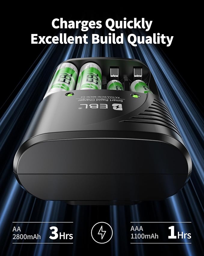 EBL 4-Bay Battery Charger for AA & AAA Rechargeable Batteries with Rechargeable AA NiMh Batteries, 4 Count, Battery Charger with Foldable Wall Plug