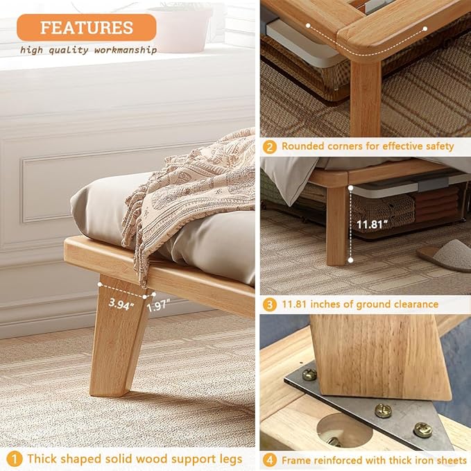 California-King Platform Bed Base - 14 Inch Solid Wood Mattress Foundation with Support Slats and Legs, California King Size Rubberwood Simple Bed Frame