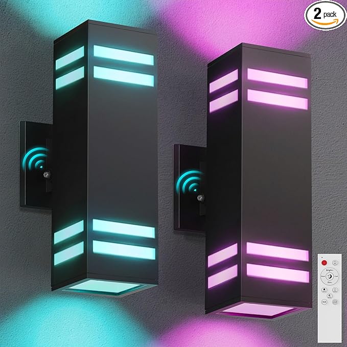 Zinola Outdoor Smart Wall Lights 2 Pack, Aluminum Exterior Lighting Fixtures Dusk to Dawn Color Changing Outdoor Lights with Matte Black Finish for Outside Decor, DIY Lighting Effects