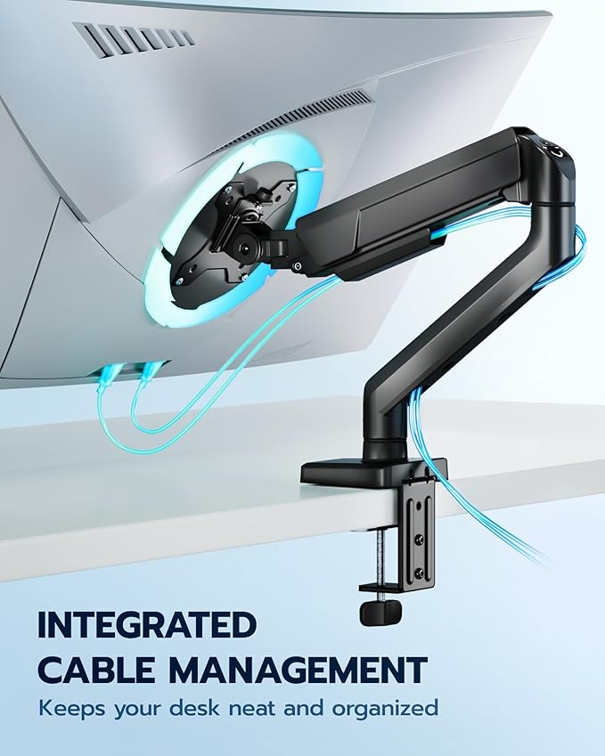 ARES WING Heavy Duty Single Monitor Arm - Fully Adjustable Monitor Mount for 40 34 32 27 Inch Ultrawide Screens Up to 26.4 lbs with Clamp/Grommet Desk Mount, 75/100 Vesa Mount, Black