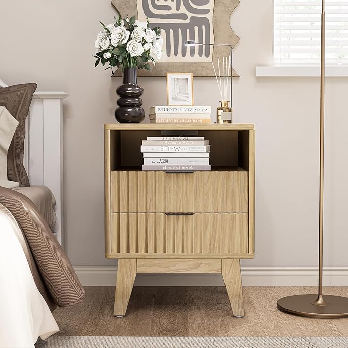 Nightstand Set of 2 with Charging Station, Modern Fluted 2 Drawer End Tables with Storage Shelf, Natural Oak Bedside Tables for Bedroom & Office