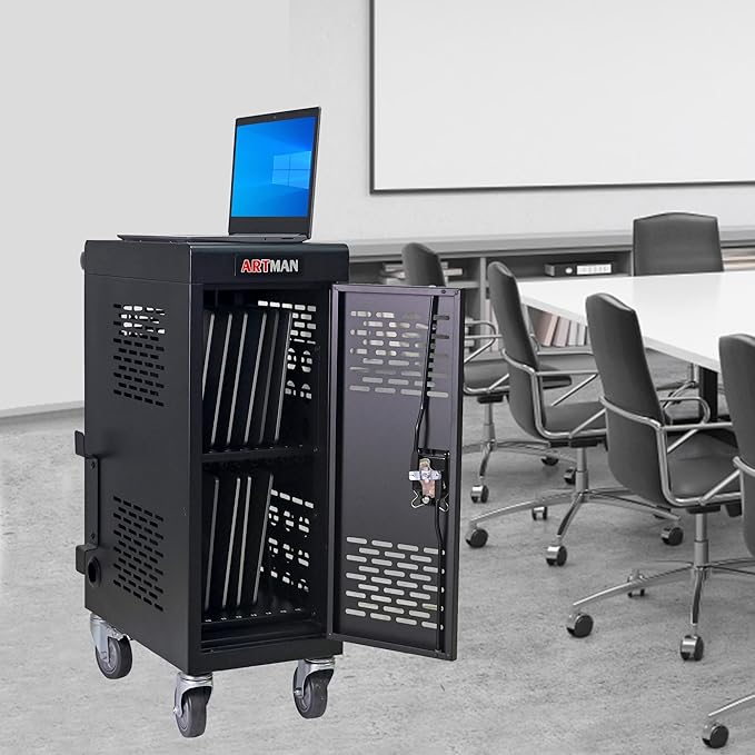 Aokleo Laptop Charging Cart,16 Devices Tablet Storage Carts for pad Up to 16.3" Screen Size, Classroom Computer Mobile Charging Station for Pads, Chromebooks,Laptops, Security Storage(16 Bay-Black)