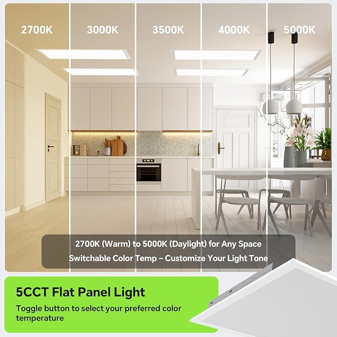 6Pack 2x2 LED Light Flat Panel,40/35/30/25/20W,5 Color Temps 2.7K/3K/3.5K/4K/5K,Dimmable (0-10V) Recessed Drop Ceiling Lights,5200 LM Fixture Flush Mount Ceiling for Office Kitchen Garage ETL Listed