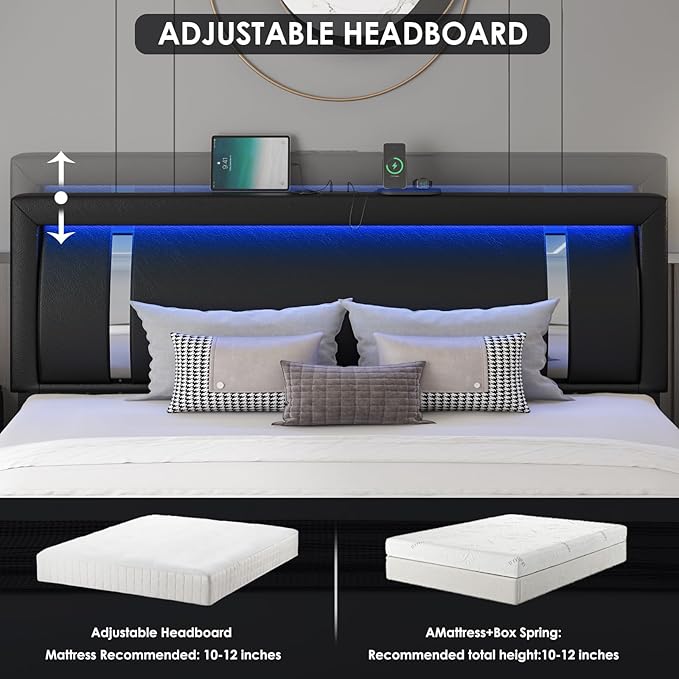 Full Size Bed Frame with RGB LED Lights Headboard & 2 Storage Drawers, Modern Upholstered Faux Leather Smart Platform Bed with Iron Metal Decor, USB & USB-C Charging Ports, No Box Spring Needed, Black