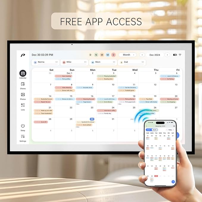 Digital Calendar, 15.6 inch Wall Planner & Chore Chart, Rechargeable Full HD Touchscreen Display, Portable Smart Family Organizer, Event Planner, Desk and Wall mountable, Perfect for Family Schedules - Wall Mount Included No Subscription