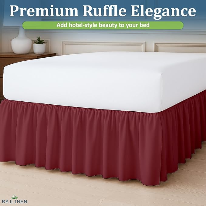 Rajlinen Ruffled Bed Skirt Full XL, 12 Inch Drop Dust Ruffle with Split Corners, 100% Microfiber Bedskirt with Platform, Three-Sided Coverage Ruffled Gathering Design, Burgundy