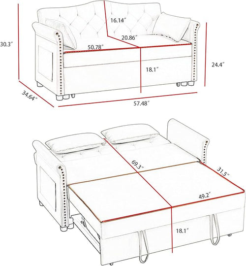 57'' Convertible Sleeper Sofa Bed with Adjustable Backrest, Chaise Lounge, 2 Pillows & Side Storage Pockets – Stylish & Functional Furniture for Living Room or Small Spaces (Black Sofa Bed)