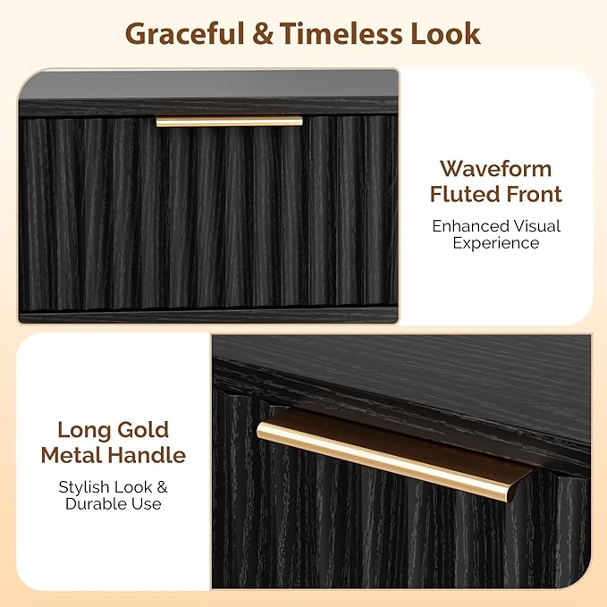 VINGLI Nightstands Set of 2, Fluted Night Stand with Drawer, Bedside Table, Wood Nightstand for Bedroom, Mid Century Modern End Tables, Black, 18.9" W*14.96" D*24" H