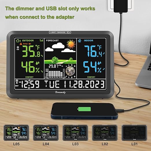 DreamSky Weather Station Indoor Outdoor Thermometer Wireless with Digital Atomic Clock for Home, Large Display with Dimmer, USB Port, Inside Outside Temperature Humidity Monitor (Adapter Powered)