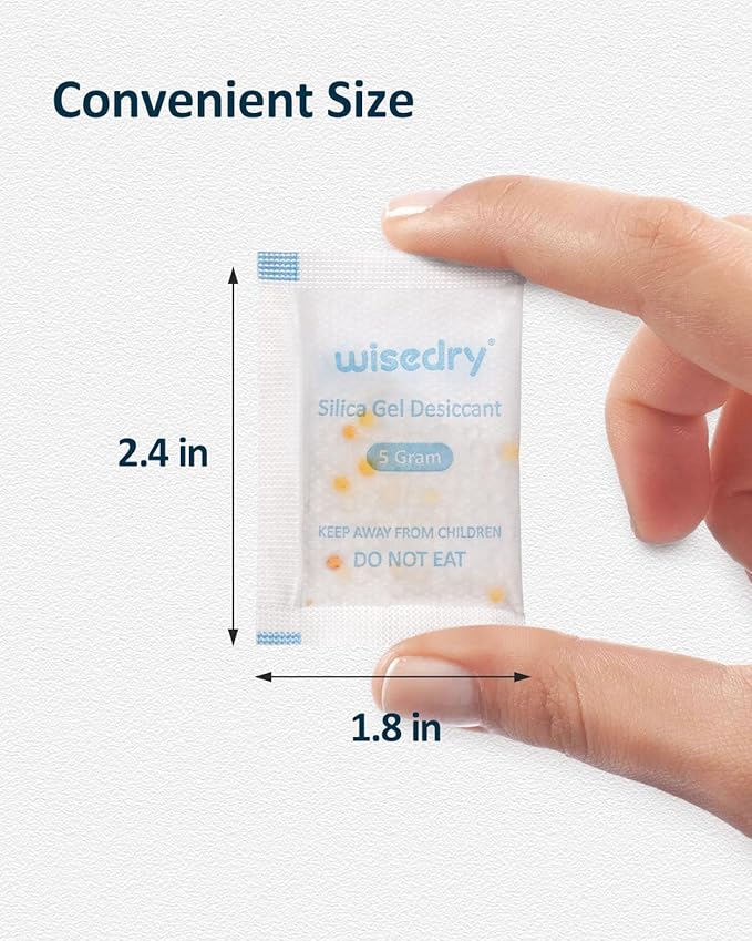 wisedry 5 Gram [60 Packs] Food Grade Silica Gel Packs Rechargeable Desiccant Dehumidifiers Pouches with Color-Indicating Beads Reusable Moisture Absorbers for Food Storage