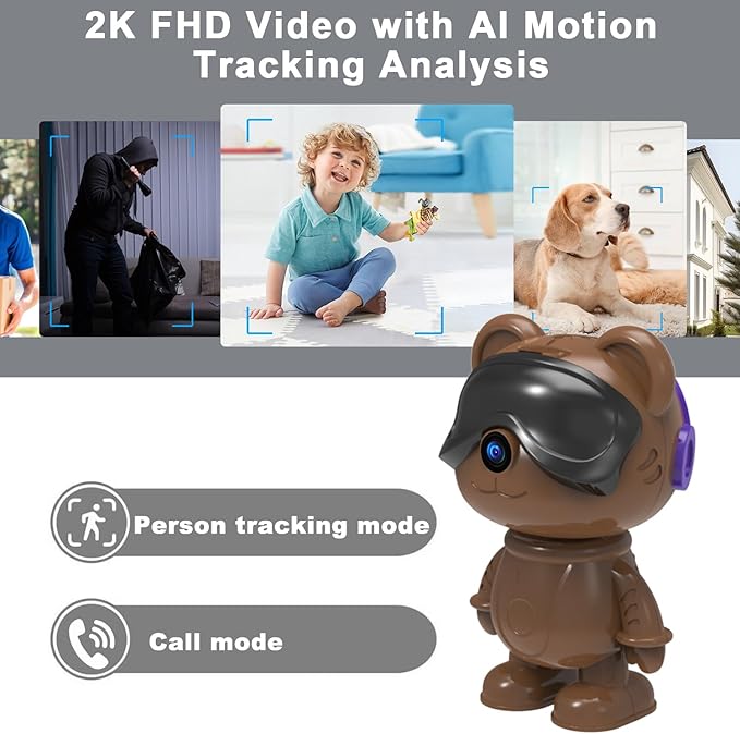 dzcctvipc Cute Bear 2K Robot & Pet Camera – Hidden Indoor Security, Motion & Baby Cry Detection, Privacy Mode, 5G Dual-Band, Pan & Tilt, Full HD Night Vision, 24/7 Recording, 2-Way Audio
