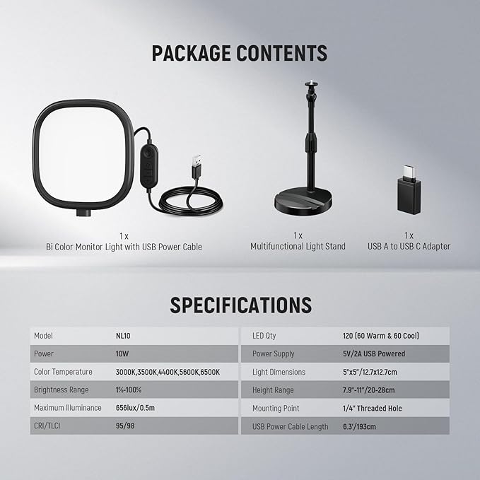 NEEWER Basics 5" Full Screen LED Ring Light with Stand for Desk Video Calls, CRI95, 10W Bi Color Edge Lit Zoom Conference Lighting for Computer Laptop Webcam Phone Streaming Recording, NL10