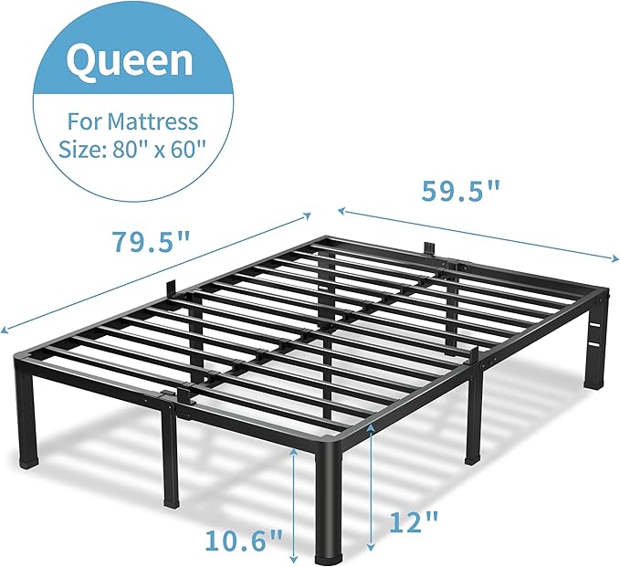 12 Inch Queen Bed Frame, 3500Lbs Heavy Duty Metal Platform with Round Corner Legs Mattress Slide Stopper, Steel Slat Support No Box Spring Needed, Noise Free, Non-Slip, Easy Assembly