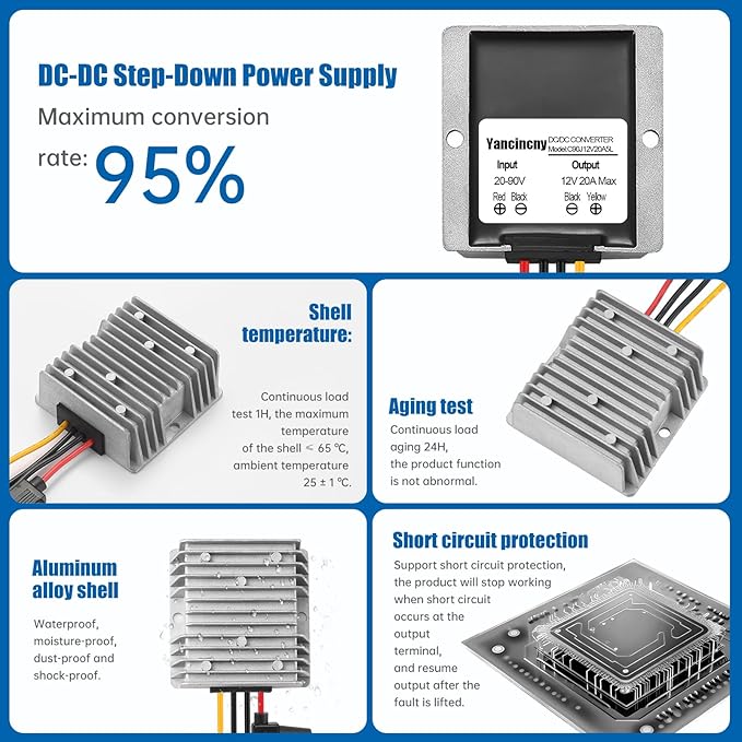 Yancincny 240W Dc-Dc Step Down to 12V Converter, DC 90V 72V 60V 48V 36V 24V to 12v Voltage Converter 20A Regulator Step Down to 12V dc Converter Reducer Power Supply Transformer Module for Golf Cart