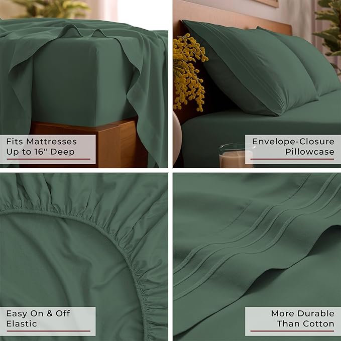 Mellanni California King Sheet Set - 6-Piece Iconic Collection Bedding, (Including 4 Pillowcases), 16-Inch Deep Pocket, Easy Care, Extra Soft, Cooling Sheets, Brushed Microfiber - Emerald Green