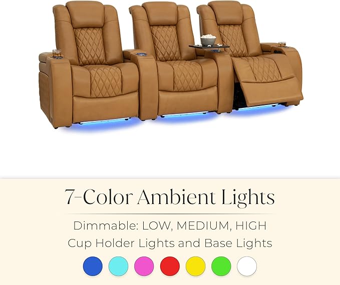 Seatcraft Diamante Zero-Gravity CoolZero Italian Leather Home Theater Seating, Power Headrest, Power Recline, Row of 5 Sofa, Tan Oak
