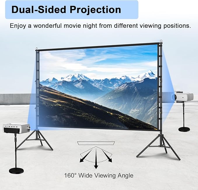 Outdoor Projector Screen with Stand, TOWOND 200 Inch Portable Projection Screen - Dual-Sided 16:9 4K HD Movie Screen, Wrinkle-Free Design & Carry Bag for Backyard Cinema