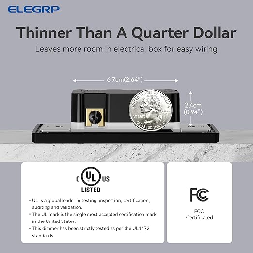 ELEGRP Digital Dimmer Light Switch for 300W Dimmable LED/CFL Lights and 600W Incandescent/Halogen, Single Pole/3-Way LED Slide Dimmer Light Switch, Wall Plate Included, UL Listed, 1 Pack, Matte Black
