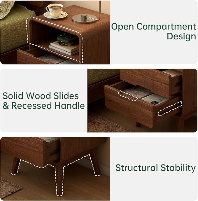 Walnut Nightstand Set of 2, Solid Wood Nightstand with Drawers & Open Storage Shelf, Mid Century Modern Nightstands, Wood End Table for Bedroom, (Dark Black Walnut, 23.23" H)