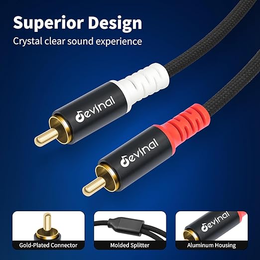 Devinal 16FT RCA Cables, 2RCA to 3RCA Audio Cable, Male Stereo RCA Cord Shielded Braided for Home Theater, HDTV, Amplifiers, Hi-Fi Systems, Car Audio, Speakers