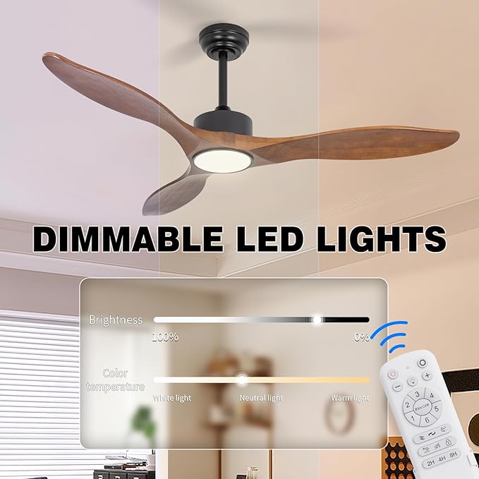 revoici 52 Inch Brown Wood Ceiling Fan with Light and Remote, 6 Speed and Reversible DC Motor, 3 Blade Low Profile Flush Mount Mordern Wood Ceiling Fans for Living Room Bedroom Outdoor Patio