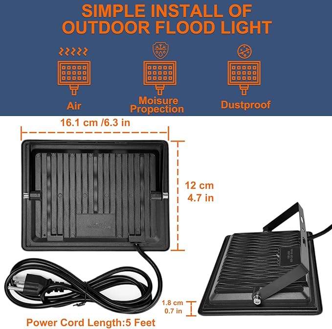 XXBSAZ 50W LED Flood Lights Outdoor, Plug-in & Hardwired Security Lights, IP66 Waterproof 6500K Daylight for Porch, Shed & Small Outdoor Areas (2 Pack)