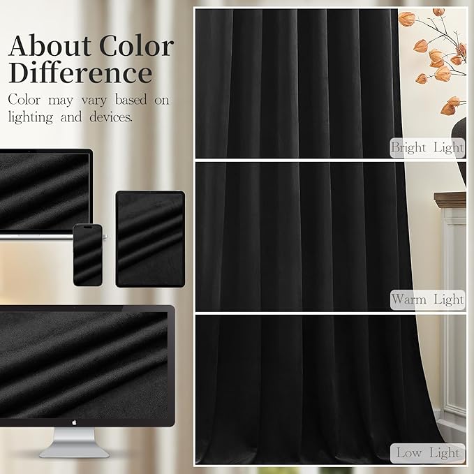 AUSSPVOCT 90 Inch Long Velvet Curtains for Living Room, Light Reducing Thermal Curtain Back Tab & Rod Pocket Elegant Soundproof Soft Room Darkening Window Drapes for Bedroom, W52 x L90, Black, 2 Pcs