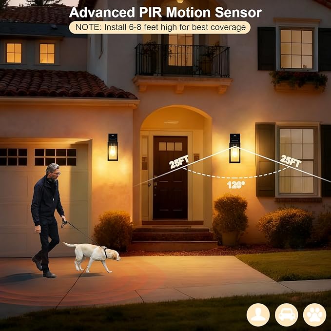 LTBLIGHT 2-Pack Motion Sensor Outdoor Porch Lights, Vintage Black-Gold Dusk to Dawn Exterior Lighting Fixtures, Waterproof Wall Sconces with 3 Modes for House, Yard, Garage, Garden