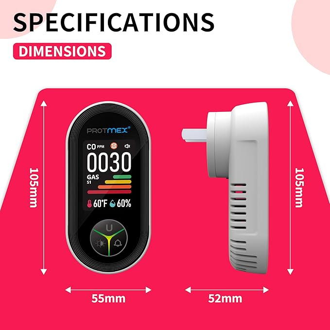 Protmex 4-in-1 Carbon Monoxide & Gas Detectors Plug in Large LCD Screen, Home CO Gas Detector with Temperature & Humidity Monitoring - 4 in 1 CO and Gas Detector Easy Installation for Home Travel