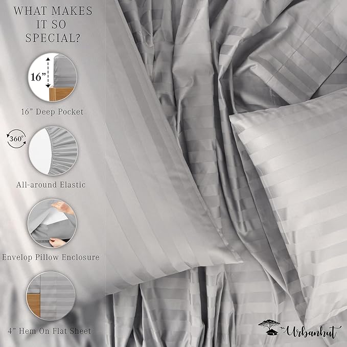 URBANHUT 800 Thread Count 100% Cotton Damask Queen Size Sheets, 4 Piece Striped Queen Size Bedsheets, Luxury Hotel Sheets Sateen Weave - Better Than Egyptian, 16" Elasticized Deep Pocket- Silver Grey