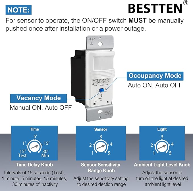 BESTTEN 10 Pack Motion Sensor Light Switch, Single Pole PIR Sensor Wall Switch, Occupancy & Vacancy Modes, 120V/277VAC, 60Hz, 1/6HP, Neutral Wire Required, Wall Plate Included, UL Listed, White