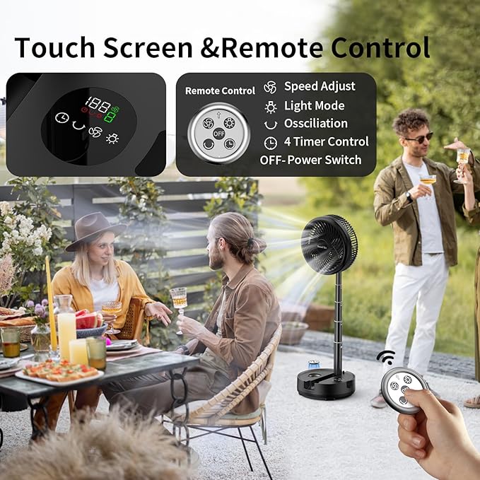 Socool 40000mAh Portable Fan Foldable Battery Rechargeable with 8 Speed & 106H, 90° Osciliating Floor Standing Fan Remote, Desk Fan with 8H Timer & LED Light for Home Outdoor Travel Camping