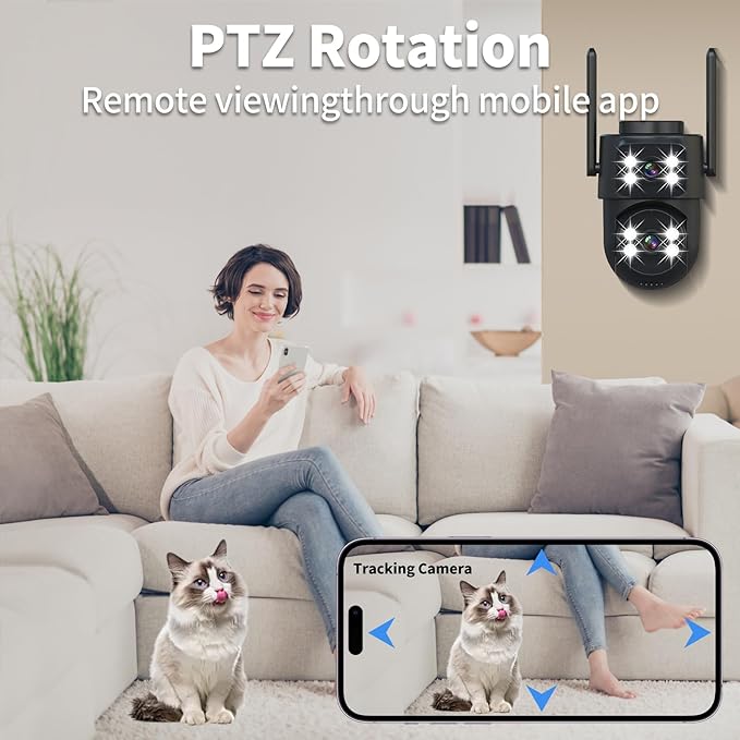 dzcctvipc 2K Dual-Lens WiFi Home Security Camera, Indoor/Outdoor Use, 360° Motion Tracking, Color Night Vision, IP65 Weatherproof, Two-Way Talk, Smart Camera, Works with Alexa & Google (No SD Card)
