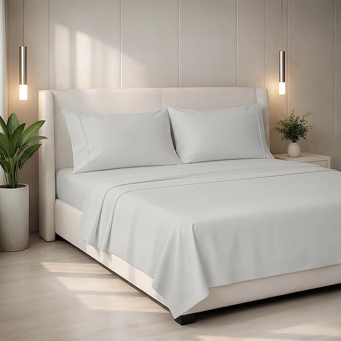 Mayfair Linen 100% Egyptian Cotton California King Sheets Set - 2000 Series Luxury Sheets Cal King Size Bed Set, Soft & Cooling, 17" Extra Deep Pocket Hotel Collection Sheet (4 PC, Light Grey)