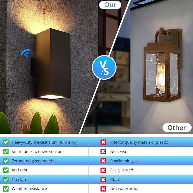 wowlite Modern Up Down Wall Lights Outdoor Dusk to Dawn Photocell Sensor, LED Outdoor Wall Lighting, IP65 Waterproof Bronze Porch Lantern, 13" Square Wall Sconce for House Garden Entrance, 2 Pack