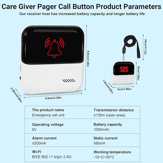 Frexiol WiFi Caregiver Pager Medical Alert Systems for Seniors No Monthly Fee App Control Alert Button for Seniors at Home,2 Call Button and 1 Receiver,for Elderly,Patients,Disabled